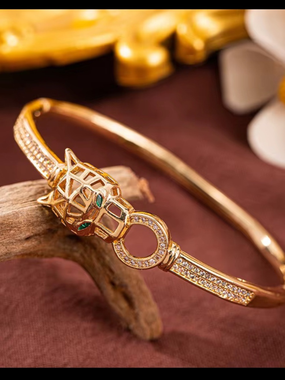 Gold Panther Head Crystal Hinge Bracelet with Green Eyes